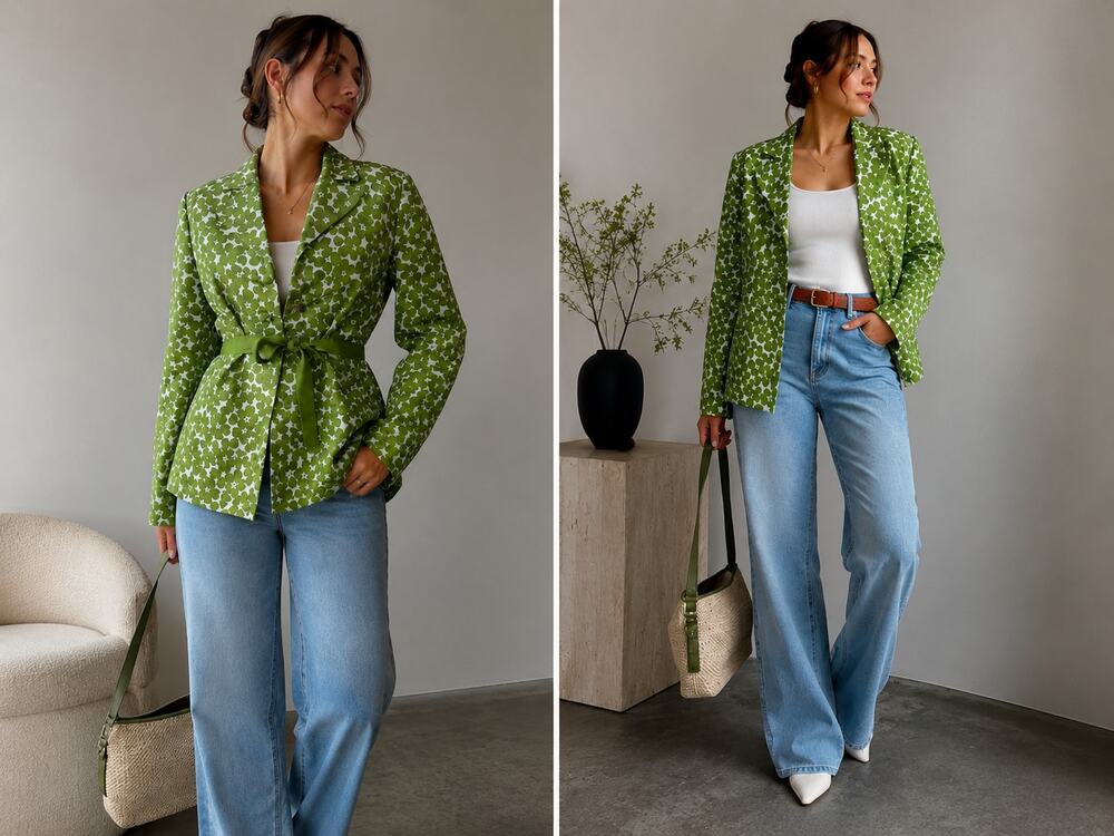 Kate Hill Green Floral Linen Blend Belted Blazer Jacket Size 8  Career Chic